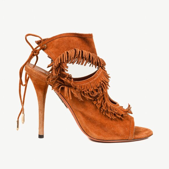 Aquazurra Brown Suede Sexy Fringe Heeled Sandals - Picture 1 of 9
